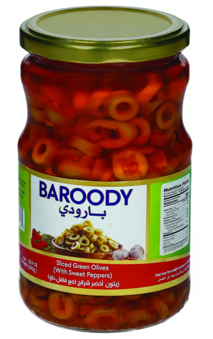BAROODY SLICED GREEN OLIVES W/SWEET PEPPER 12/29.5 OZ image 0