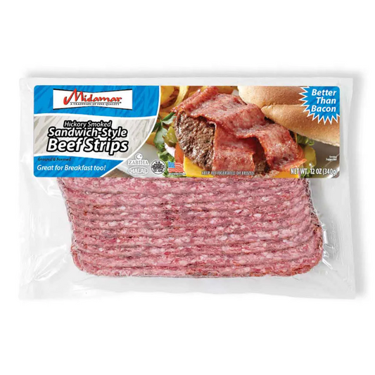 MIDAMAR HALAL SLICED GROUND FORMED BEEF STRIPS 12/12 OZ image 0